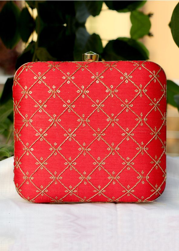 Embroidered Art Silk Red Square Box Clutch