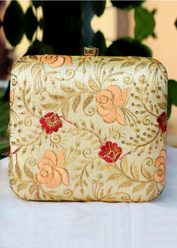 Floral Embroidered Golden Square Box Clutch