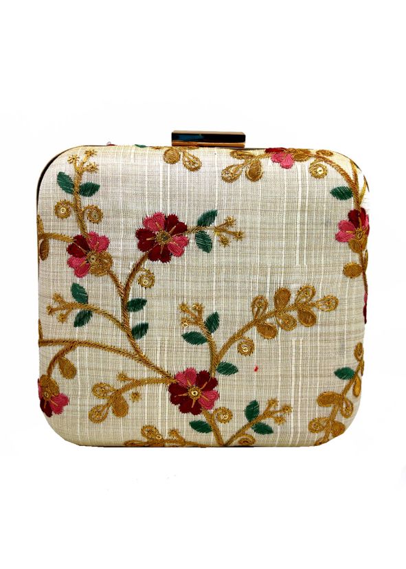 Floral Embroidered Art Silk Cream Square Clutch