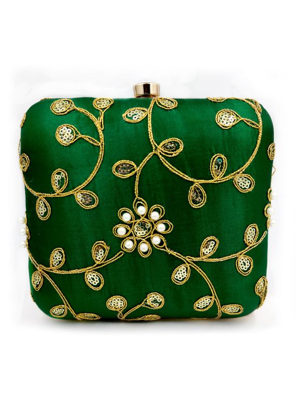 Embroidered Art Silk Green Square Box Clutch