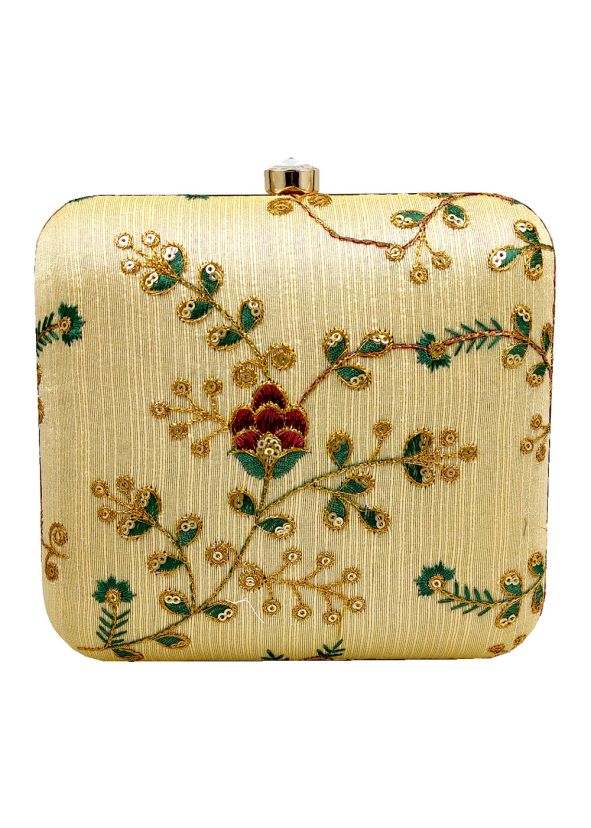 Floral Embroidered Golden Square Clutch