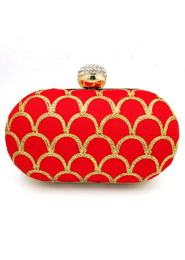 Red Embroidered Art Silk Clutch