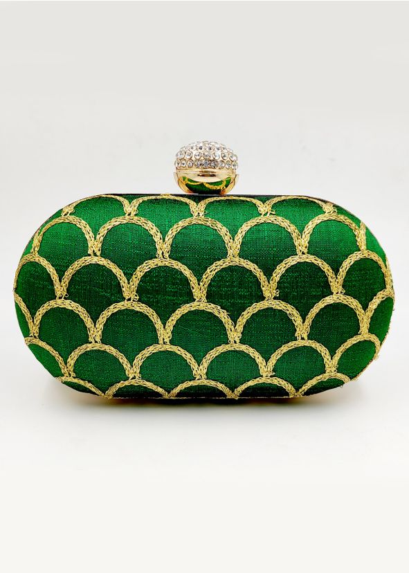 Zari Embroidered Green Art Silk Clutch