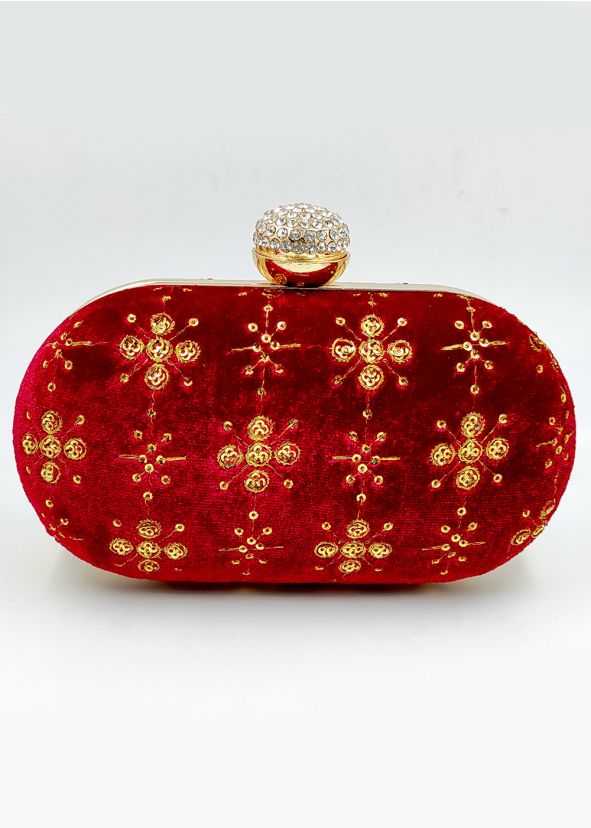 Sequins Embellished Red Velvet Clutch