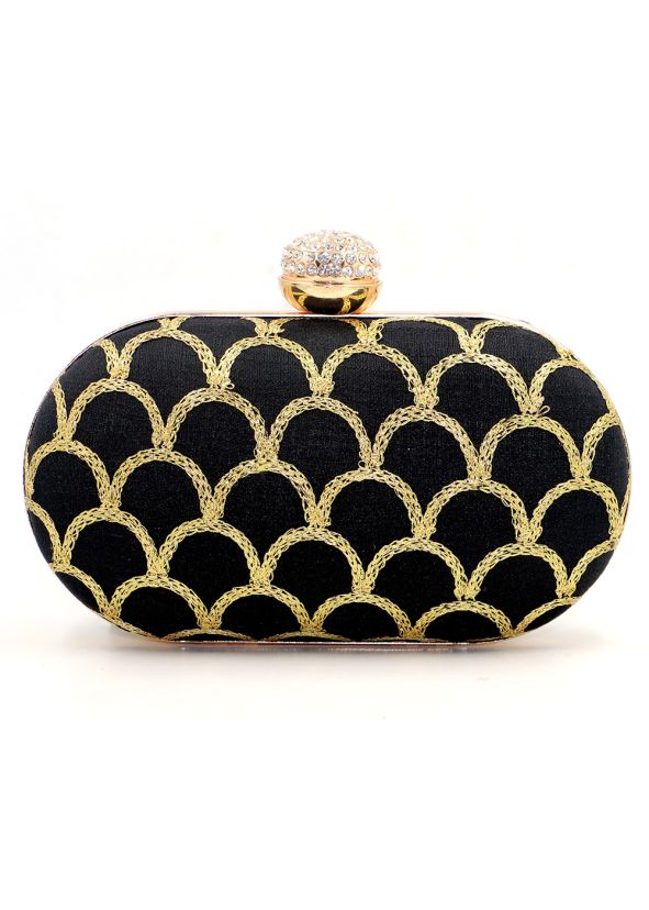 Zari Embroidered Black Art Silk Clutch