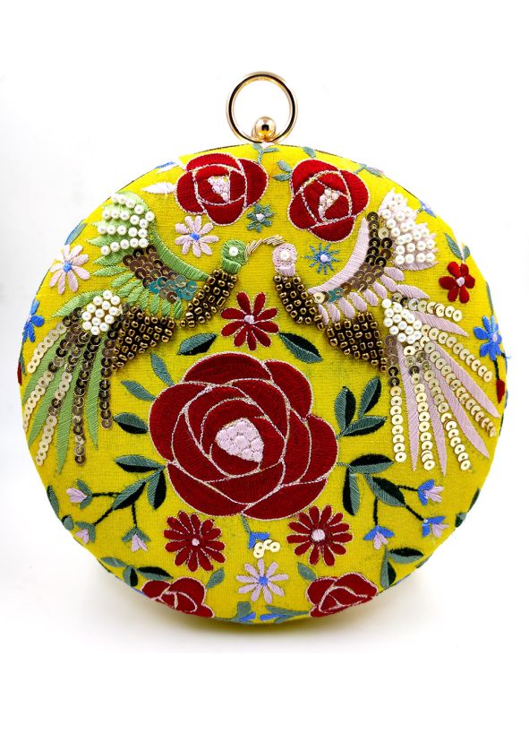 Embroidered Yellow Round Clutch