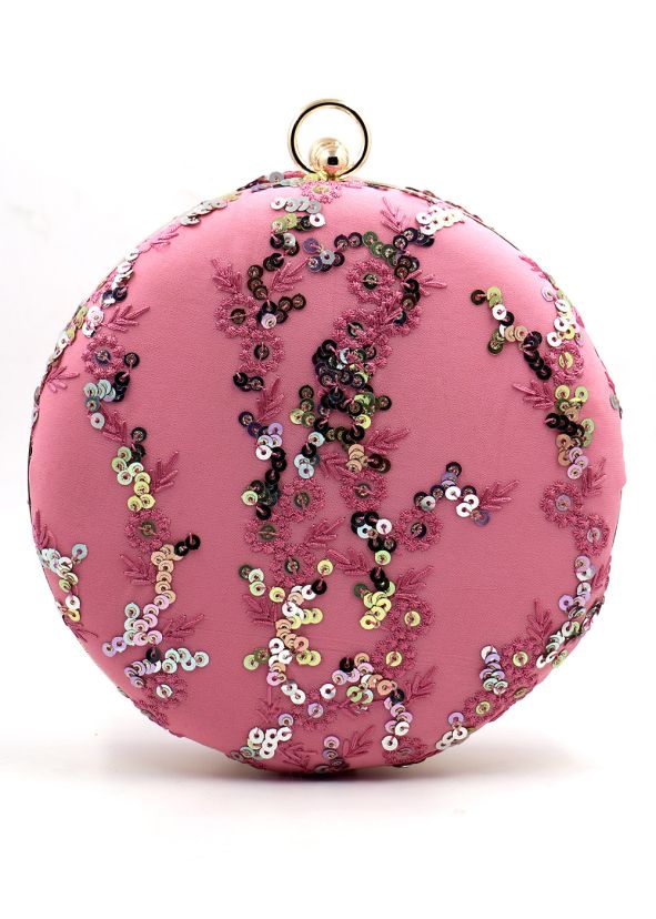 Sequins Embellished Pink Round Clutch