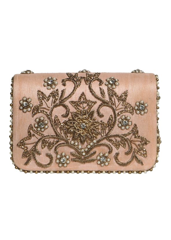 Pink Stone Embellished Front Flap Satin Bag