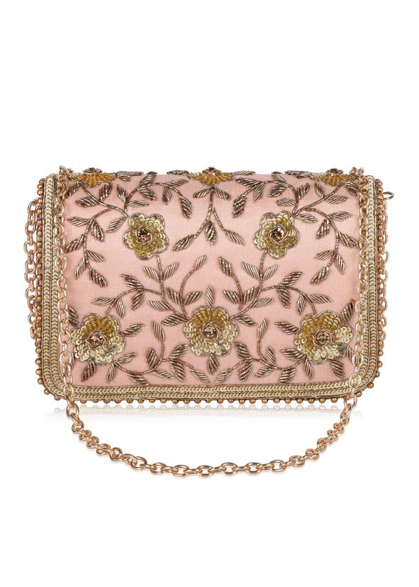 Pink Satin Bag With Floral Sequins Embroidery