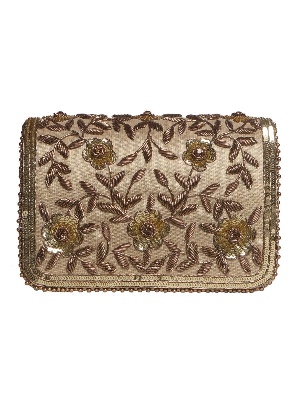 Floral Sequins Embroidered Beige Bag In Satin