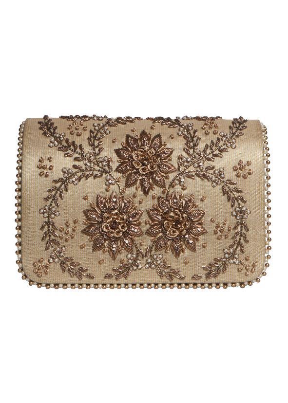 Zari Embroidered Front Flap Bag In Beige