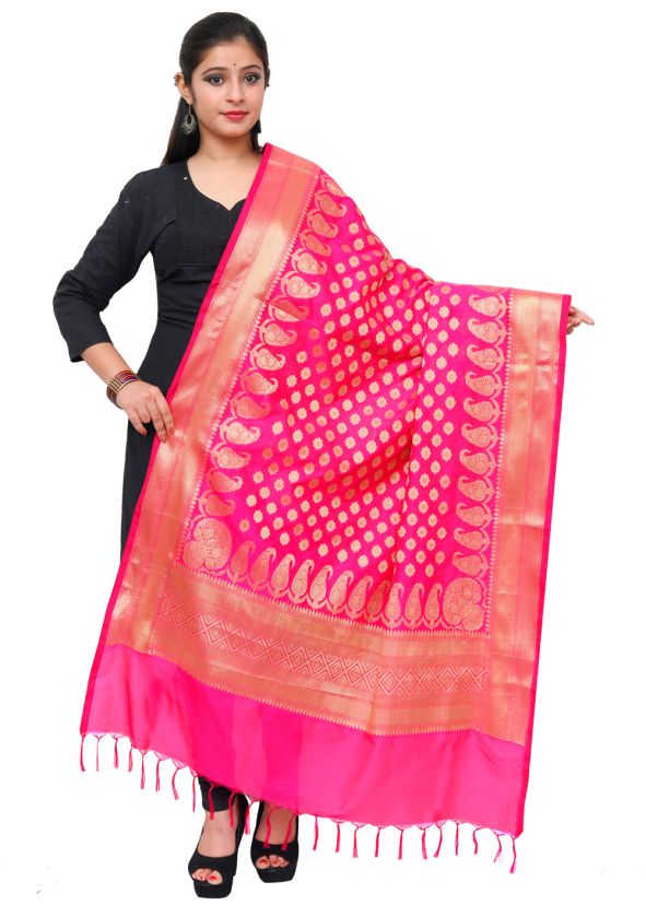 Pink Woven Art Silk Dupatta