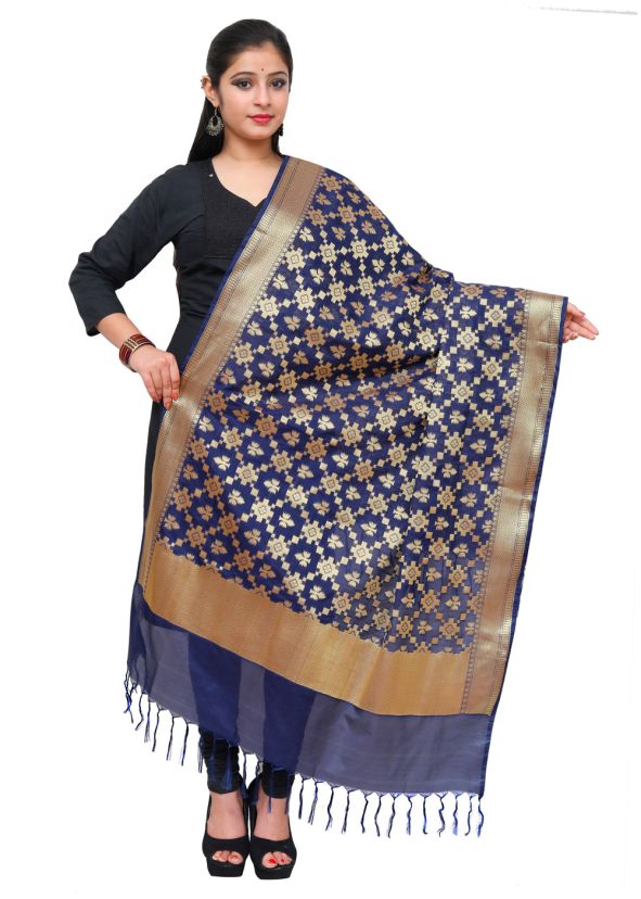 Navy Blue Woven Art Silk Dupatta