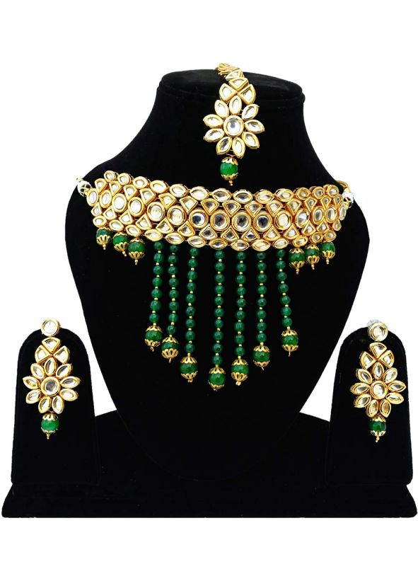 Golden Green Stone Studded Kundan Choker Set