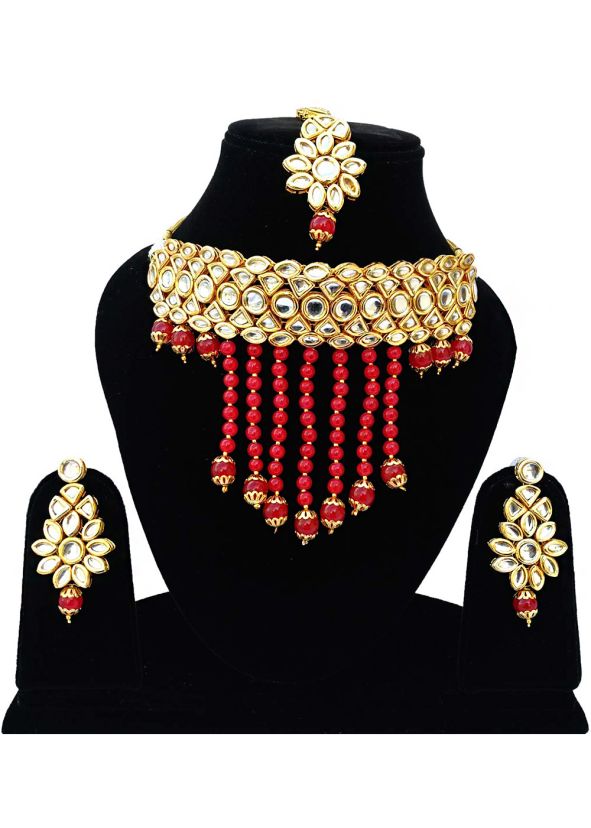 Golden Red Stone Studded Kundan Choker Set