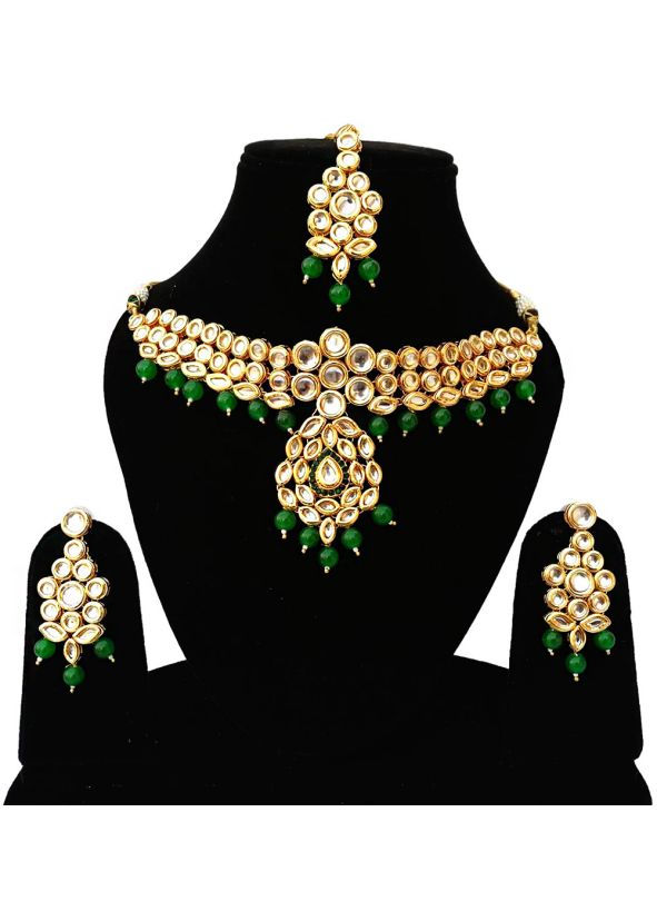 Golden Green Pearl And Kundan Necklace Set