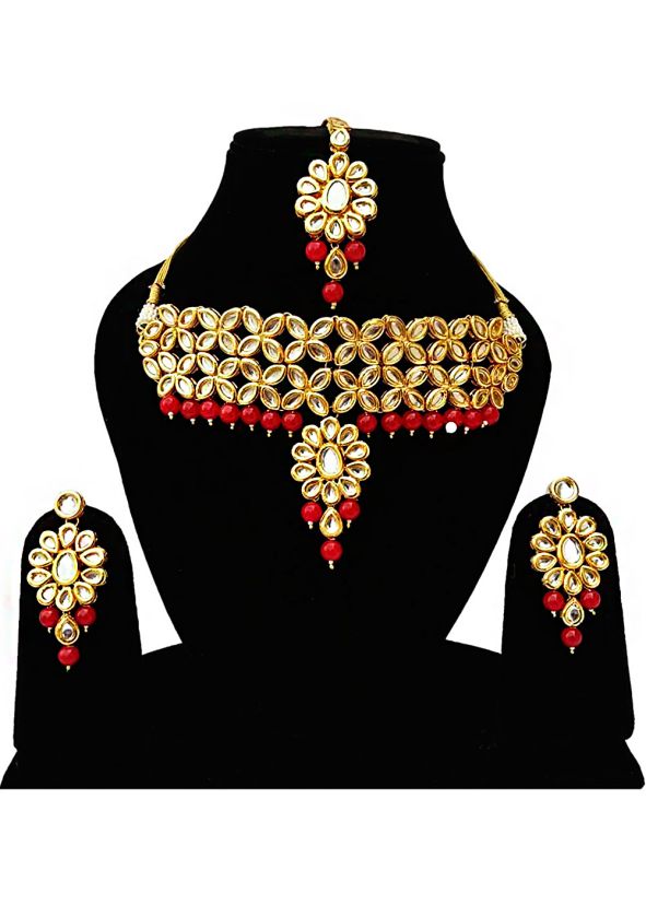 Golden Red Stone Studded Kundan Choker Set