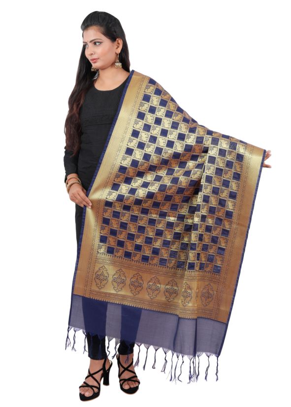 Navy Blue Woven Art Silk Dupatta