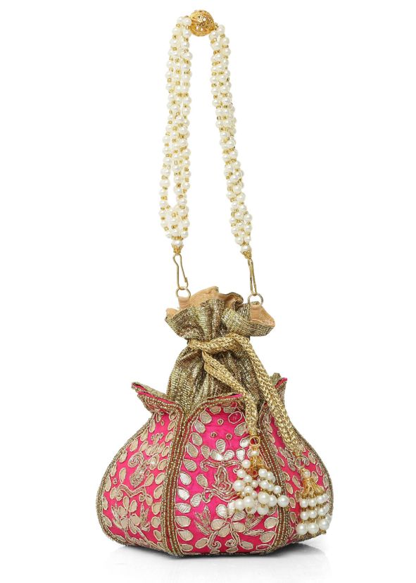 Pink Embroidered Potli Bag In Art Silk