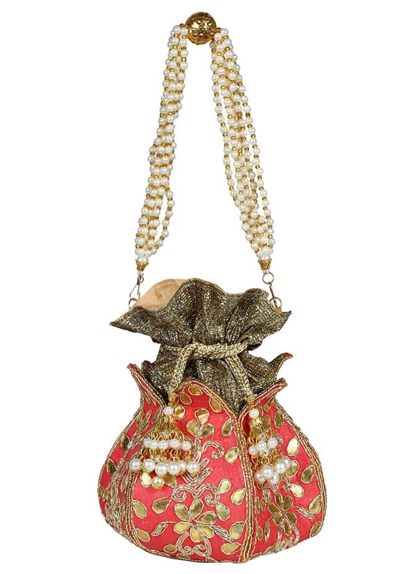 Red Embellished Art Silk Potli Bag