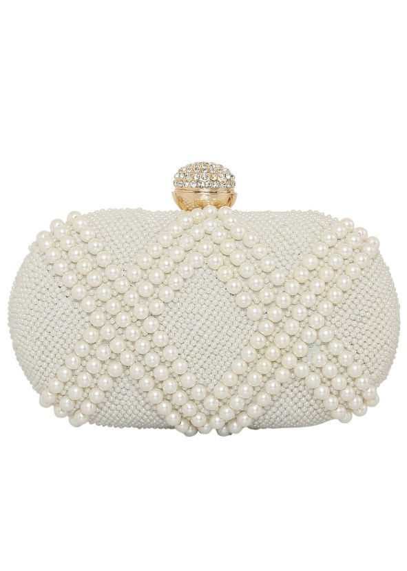 White Beaded Clutch Box In Art Silk