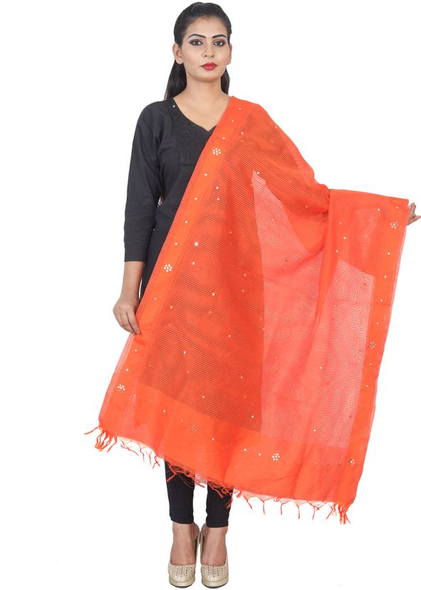 Orange Organza Silk Woven Dupatta