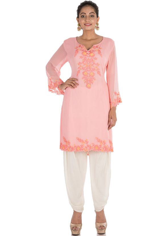 Pastel Pink Embroidered Kurti With Dhoti Pants