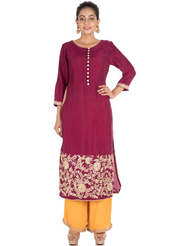 Maroon Hand Embroidered Kurta With Palazzo