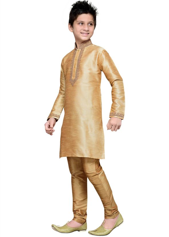 Readymade Beige Art Silk Kids Kurta Pajama