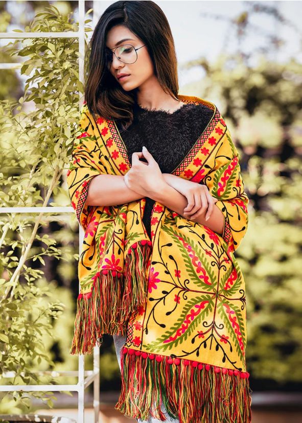 Yellow Cotton Embroidered Tasseled Stole