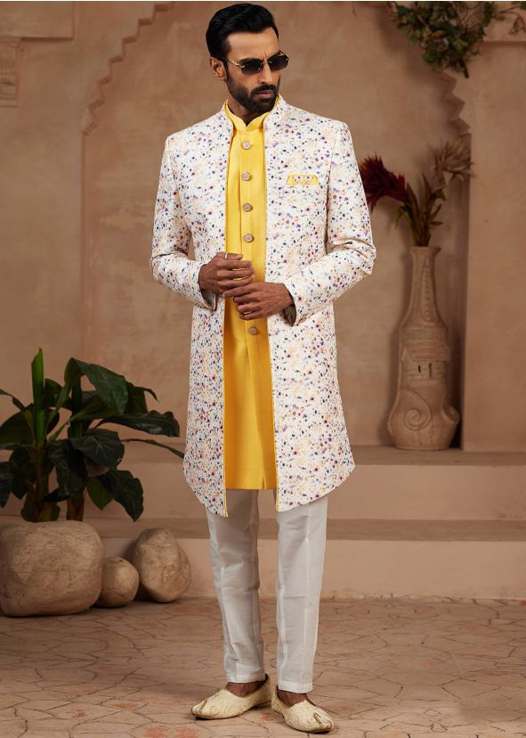 Off White & Yellow Digital Print Indo Western Sherwani