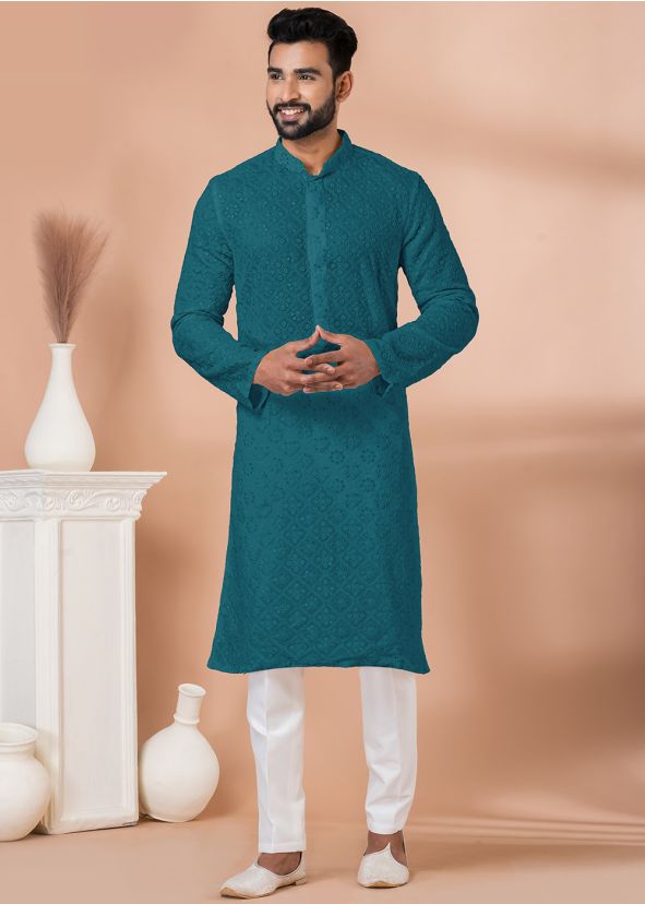 Blue Embroidered Men Kurta Pajama