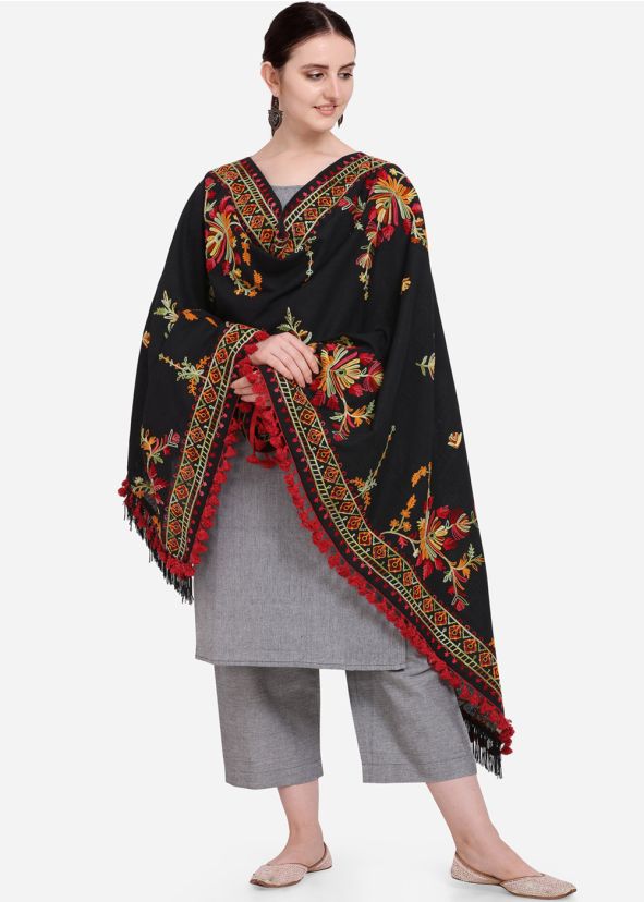 Black Cotton Dupatta With Thread Embroidery