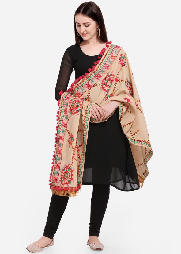 Heavy Thread Embroidered Cotton Dupatta In Beige