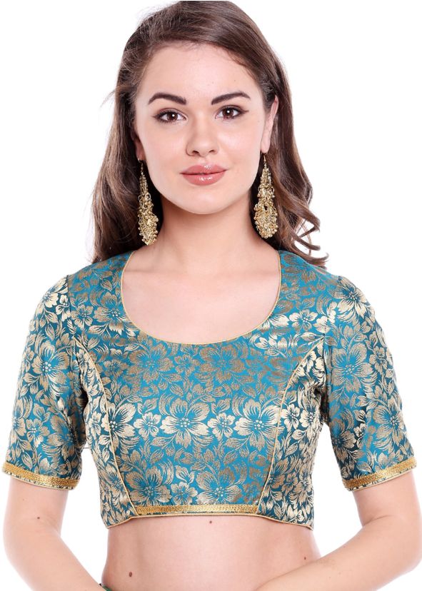 Turquoise Readymade Jacquard Woven Blouse