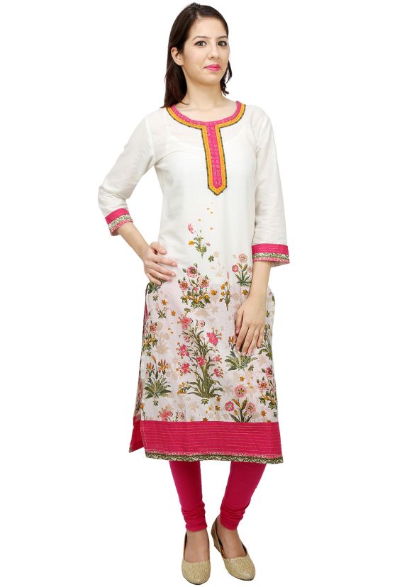 Off White Cotton Readymade Long Kurta