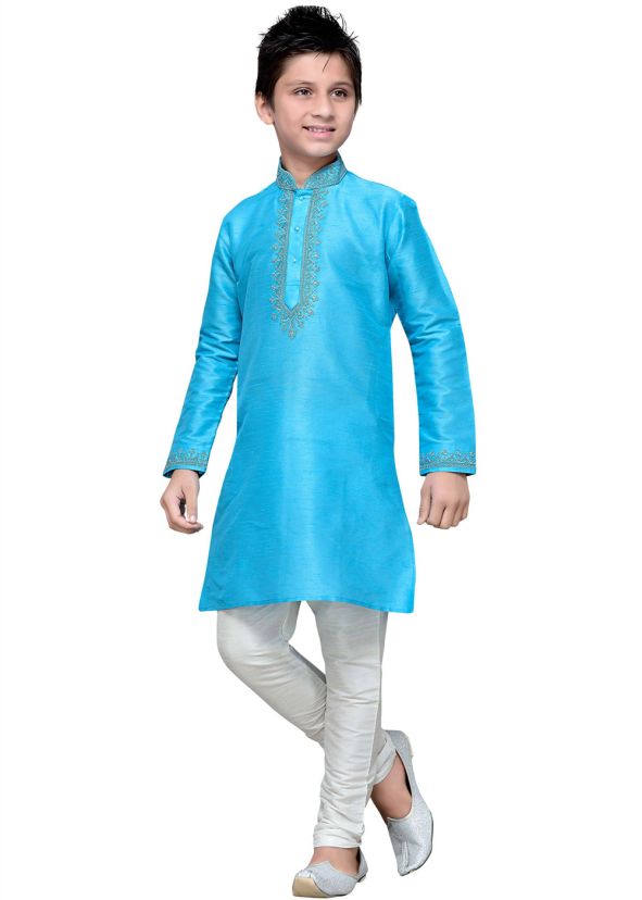 Readymade Turquoise Art Silk Kids Kurta Pajama