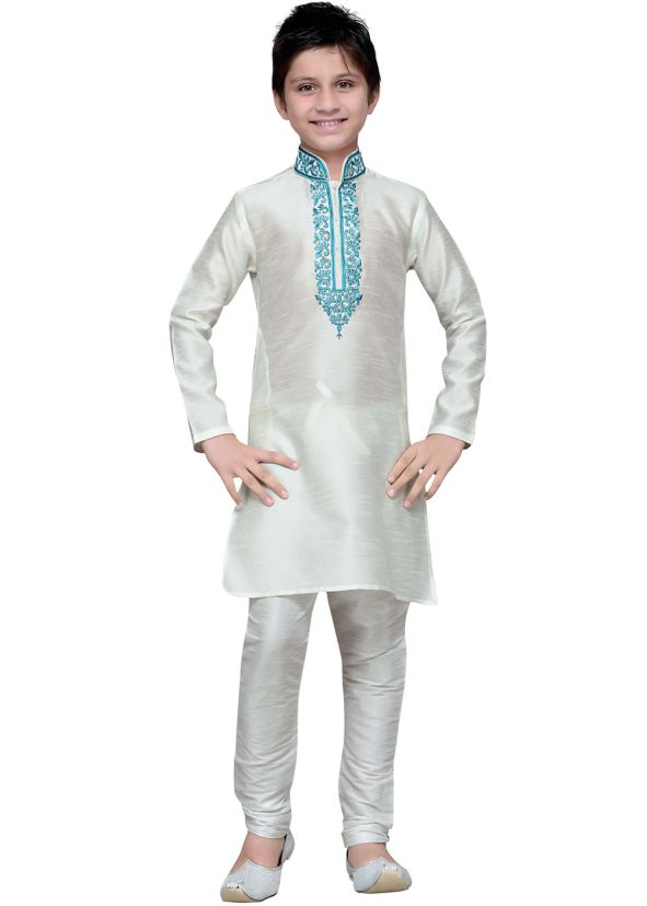 Readymade White Art Silk Kids Kurta Pajama