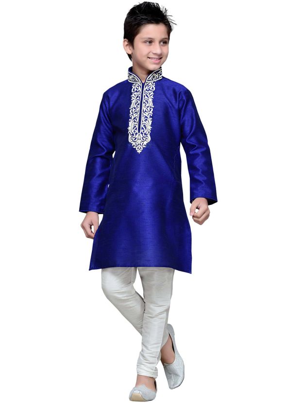 Readymade Royal Blue Art Silk Kids Kurta Pajama