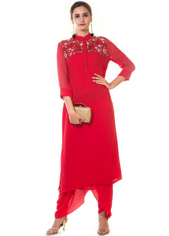 Readymade Red Georgette Long Kurta With Dhoti Pant