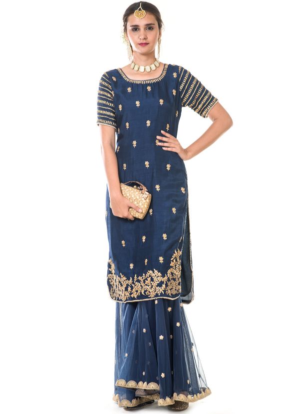 Readymade Navy Blue Long Kurta With Sharara