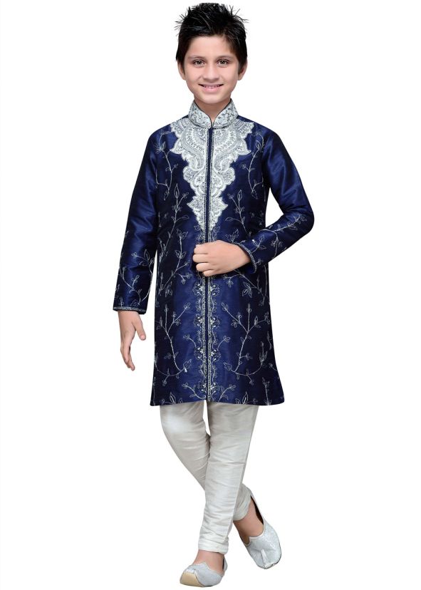 Readymade Navy Blue Art Silk Kids Kurta Pajama