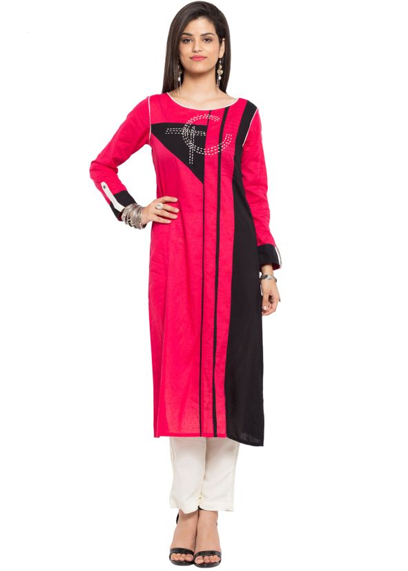 Readymade Pink and Black Cotton Long Kurta