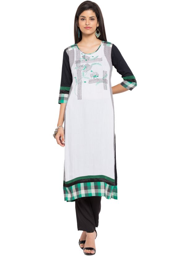 Readymade White and Black Cotton Long Kurta