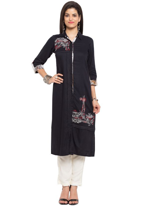 Readymade Black Collared Cotton Long Kurta