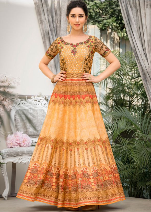 Orange Digital Printed Art Silk Gown