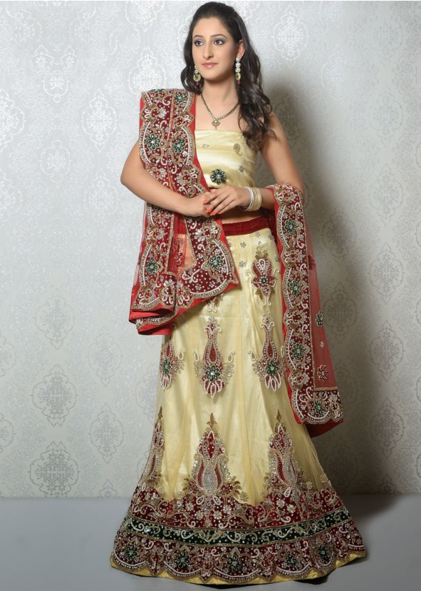 Buy Indian Net Cream Lehenga Choli Online With Dupatta in USA