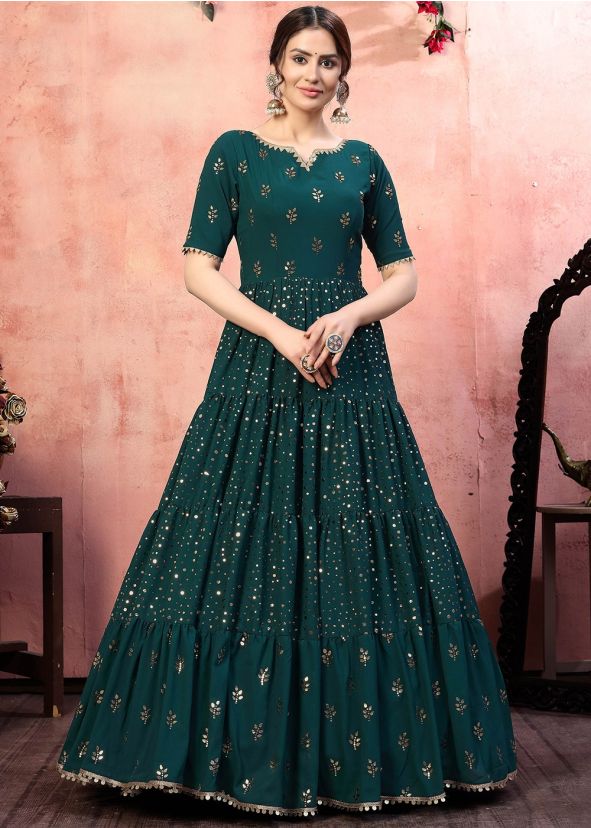 Green Georgette Mirror Work Gown In Tiered Style