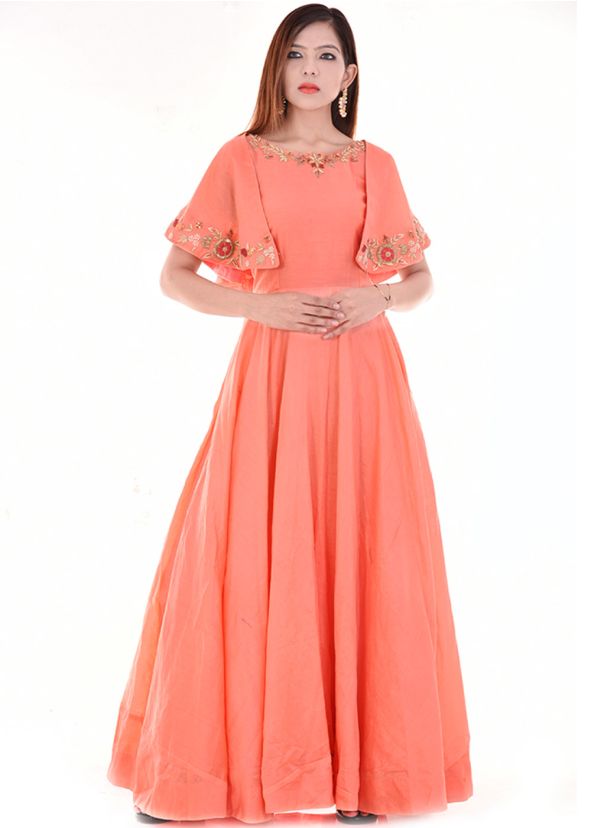 Orange Readymade Chanderi Cape Style Gown