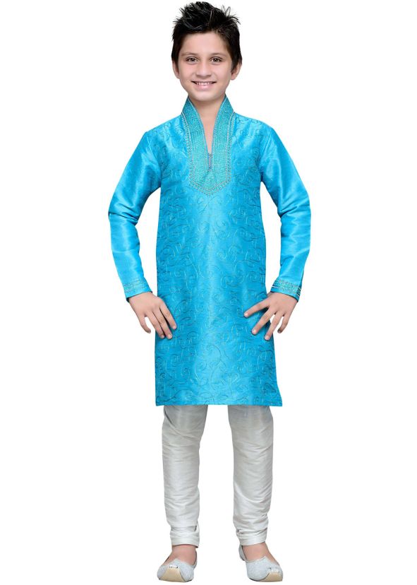 Readymade Turquoise Art Silk Kids Kurta Pajama